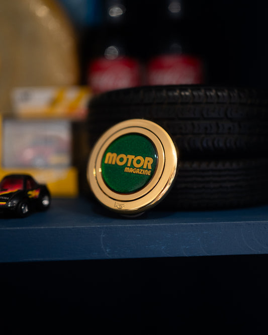 Motor Magazine Gold/Green Horn Button