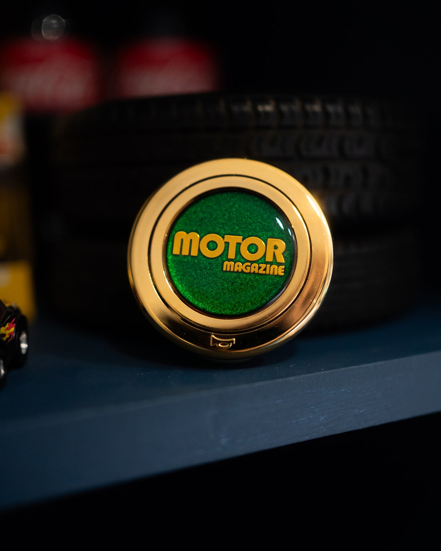 Motor Magazine Gold/Green Horn Button